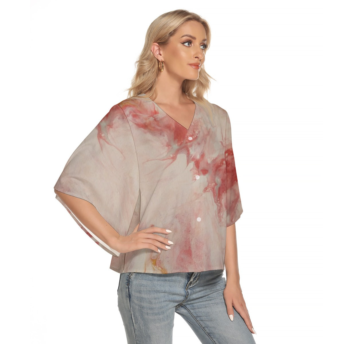 Women's Bat Sleeve Light V-neck Front Buttoned Top